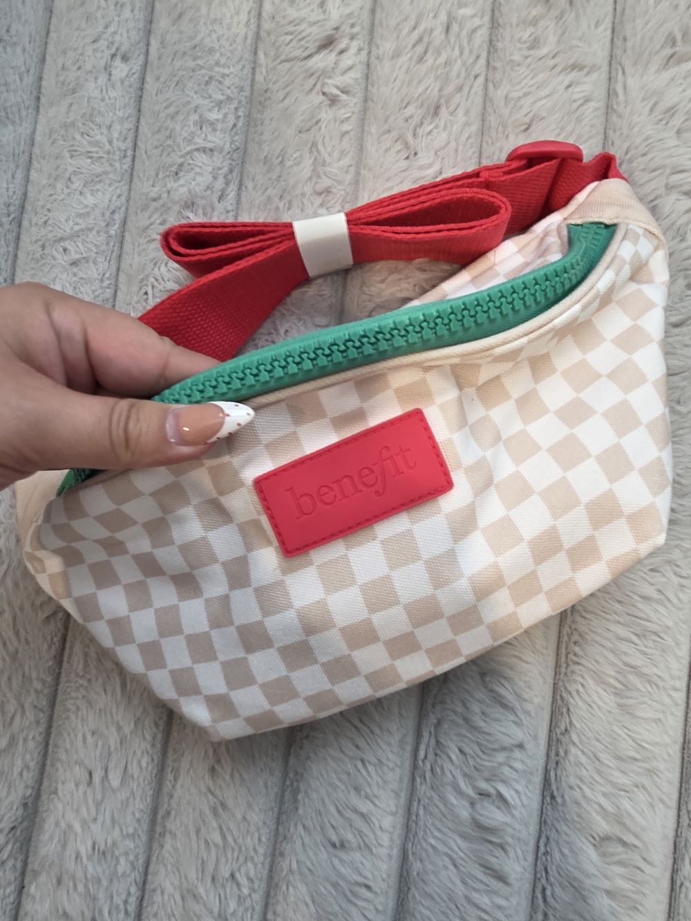 Benefit Beige Checkered Crossbody Bag with Pink Logo and Green Zipper